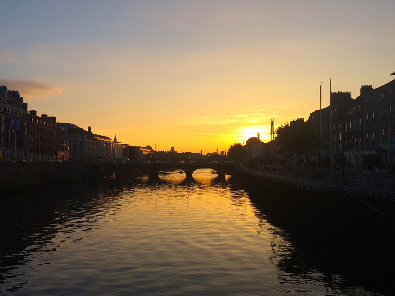 Sunset over Dublin. The country's capital will be a definite highlight of your Ireland road trip itinerary.