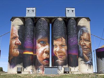 Sheep Hills silo, with artwork by Matt Adnate. Find out more about road tripping the Silo Art Trail in Victoria.
