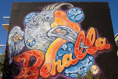 Benalla street art of a trippy cockatoo, with the word 'Benalla' splayed across it. Discover more about Benalla street art.