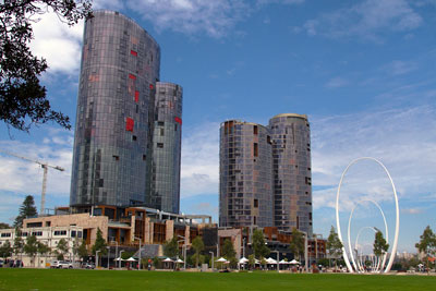 View of Elizabeth Quay, with the sculpture of Spanda. Find out the best things to do in Perth.