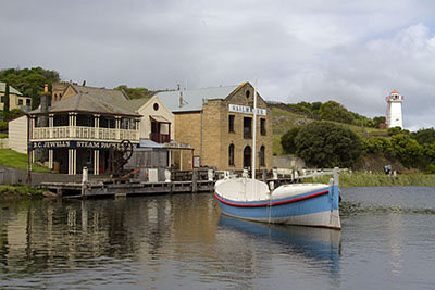 A boat on a lake at Flagstaff Hill Maritime Village. Discover the best things to do in Warrnambool.
