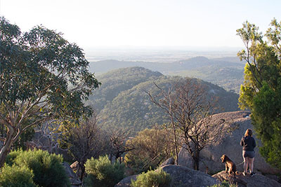 A person and dog stands on the top of a peak at You Yangs Regional Park in Victoria, taking in the sweeping views below. Discover the best places to visit in Victoria.